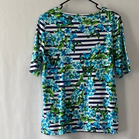 Rafaella Size L Black/White Stripe Cut Out Floral Top - Picture 8 of 16